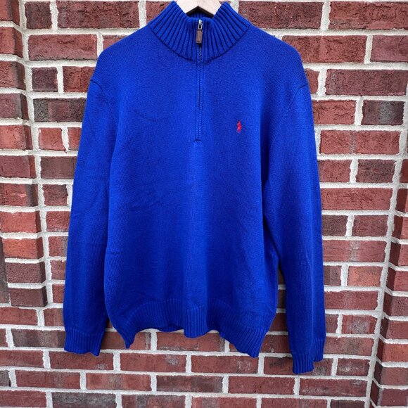 Polo Ralph Lauren 1/4 Zip Knit Sweater Mens Large Blue Mock Neck Preppy 90s Y2K - Picture 1 of 9